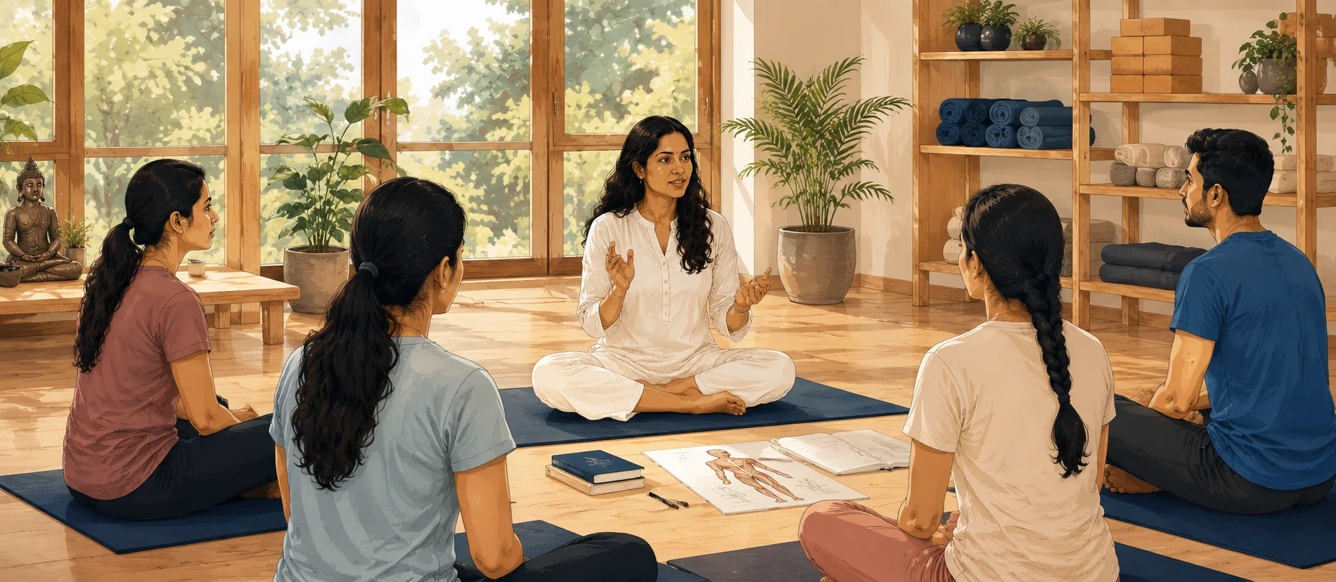 Yoga teacher teaching students in a professional yoga studio